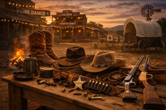 Collage aus Line Dance, US-Car und Westernkleidung